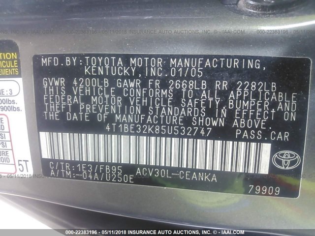 4T1BE32K85U532747 - 2005 TOYOTA CAMRY LE/XLE/SE 灰色 照片 9