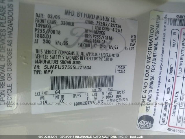 5LMFU27555LJ21634 - 2005 LINCOLN NAVIGATOR 白色 照片 9