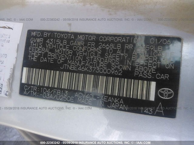 JTNBE46K373000962 - 2007 TOYOTA CAMRY NEW GENERAT CE/LE/XLE/SE SILVER photo 9