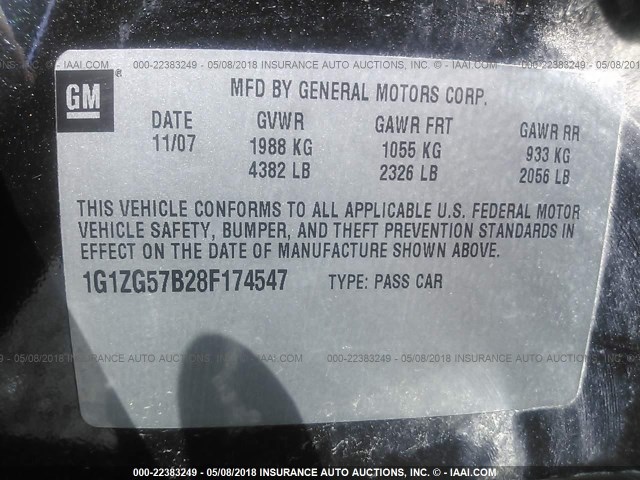 1G1ZG57B28F174547 - 2008 CHEVROLET MALIBU LS 黑色 照片 9