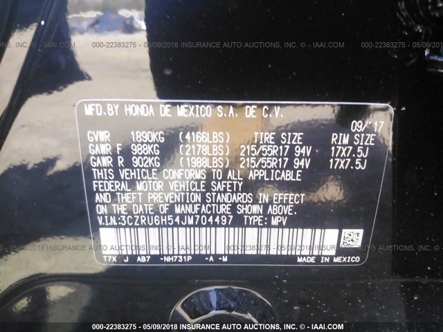 3CZRU6H54JM704497 - 2018 HONDA HR-V EX BLACK photo 9