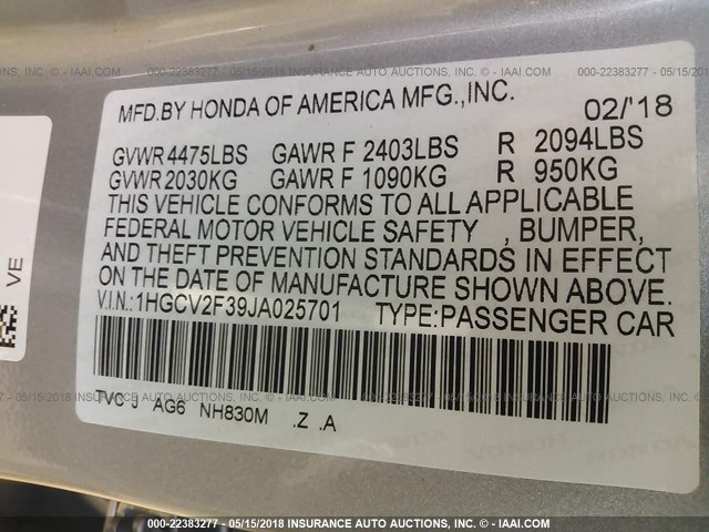 1HGCV2F39JA025701 - 2018 HONDA ACCORD SPORT 银色 照片 9