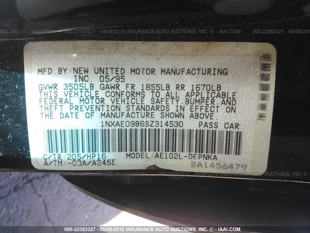 1NXAE09B6SZ314530 - 1995 TOYOTA COROLLA LE/DX 黑色 照片 9