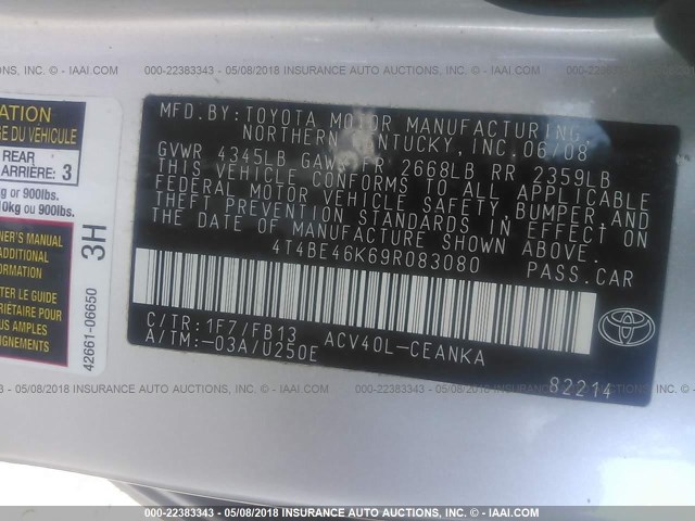 4T4BE46K69R083080 - 2009 TOYOTA CAMRY SE/LE/XLE SILVER photo 9