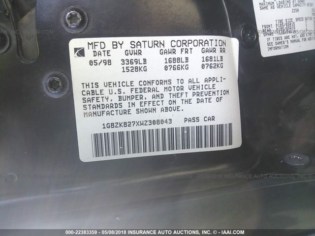 1G8ZK827XWZ308043 - 1998 SATURN SW2 GREEN photo 9