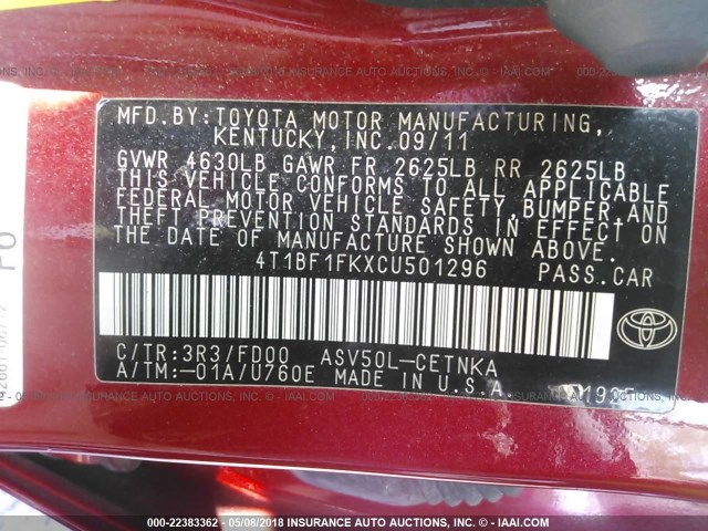 4T1BF1FKXCU501296 - 2012 TOYOTA CAMRY SE/LE/XLE RED photo 9