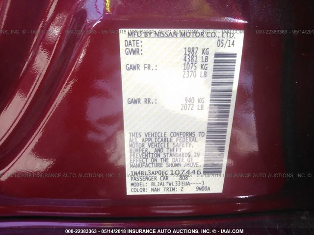 1N4BL3AP0FC107446 - 2015 NISSAN ALTIMA 3.5S/3.5SV/3.5SL RED photo 9