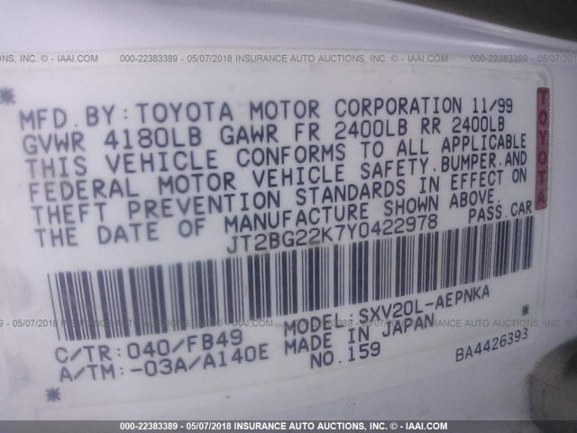 JT2BG22K7Y0422978 - 2000 TOYOTA CAMRY CE/LE/XLE 白色 照片 9