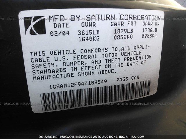 1G8AM12F94Z182549 - 2004 SATURN ION LEVEL 2 Qara foto 9