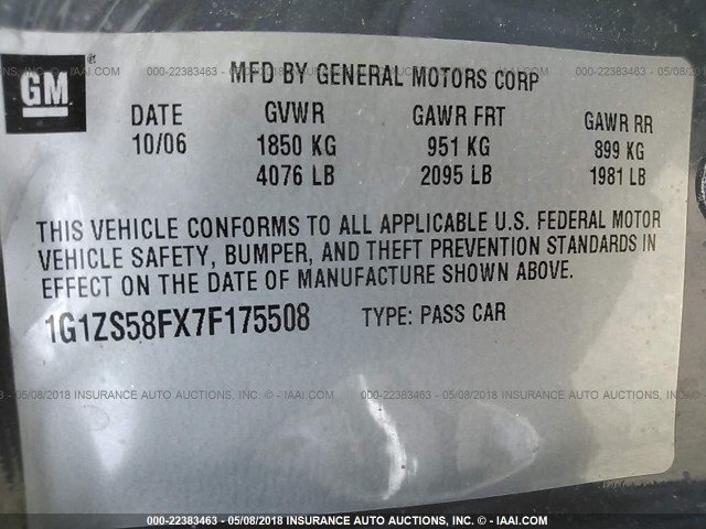 1G1ZS58FX7F175508 - 2007 CHEVROLET MALIBU LS 灰色 照片 9