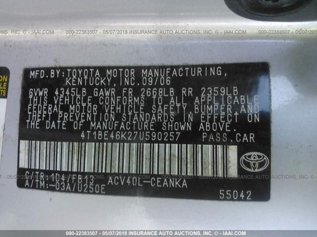 4T1BE46K27U590257 - 2007 TOYOTA CAMRY NEW GENERAT CE/LE/XLE/SE SILVER photo 9