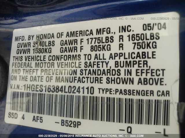 1HGES16384L024110 - 2004 HONDA CIVIC DX VP BLUE photo 9