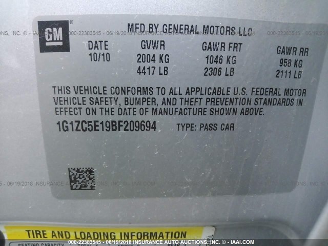 1G1ZC5E19BF209694 - 2011 CHEVROLET MALIBU 1LT 银色 照片 9