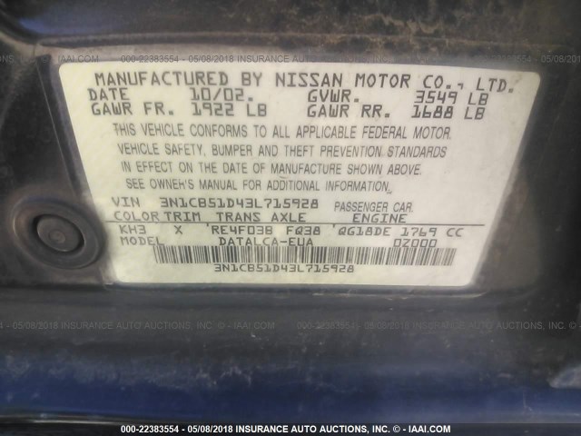 3N1CB51D43L715928 - 2003 NISSAN SENTRA XE/GXE BLACK photo 9