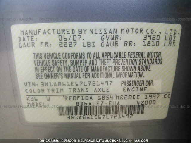 3N1AB61E67L721497 - 2007 NISSAN SENTRA 2.0/2.0S/2.0SL GRAY photo 9