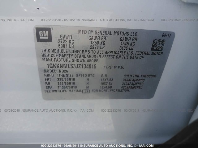 1GKKNMLS3JZ134016 - 2018 GMC ACADIA SLT-1 Biały zdjęcie 9