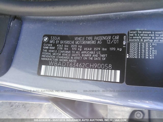 WBADT63462CH90058 - 2002 BMW 530 I AUTOMATIC Light Blue photo 9