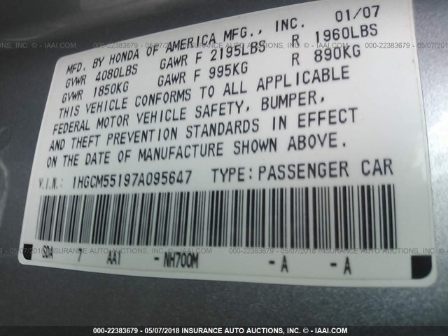 1HGCM55197A095647 - 2007 HONDA ACCORD VALUE SILVER photo 9