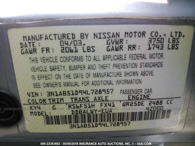 3N1AB51D94L728957 - 2004 NISSAN SENTRA SE-R SPEC V SILVER photo 9