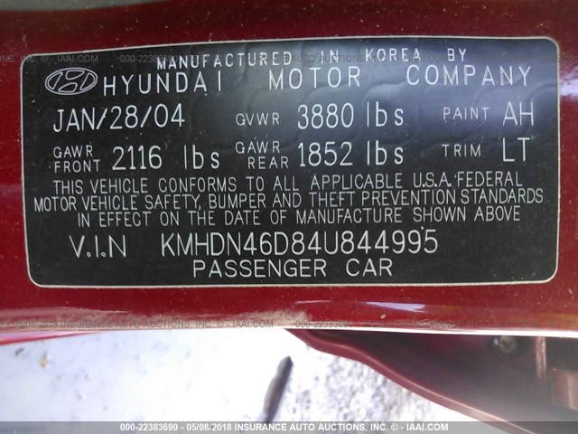 KMHDN46D84U844995 - 2004 HYUNDAI ELANTRA GLS/GT RED photo 9