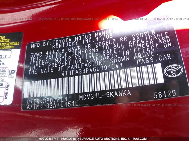 4T1FA38P46U091541 - 2006 TOYOTA CAMRY SOLARA SE/SLE Qırmızı foto 9