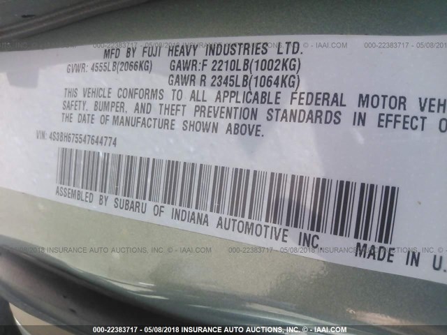 4S3BH675547644774 - 2004 SUBARU LEGACY OUTBACK AWP 绿色 照片 9