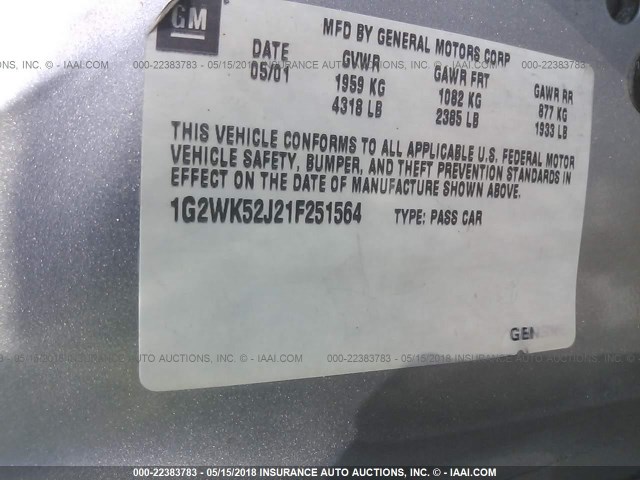 1G2WK52J21F251564 - 2001 PONTIAC GRAND PRIX SE 银色 照片 9
