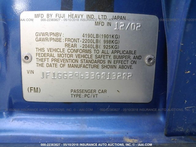 JF1GG29633G813282 - 2003 SUBARU IMPREZA WRX BLUE photo 9