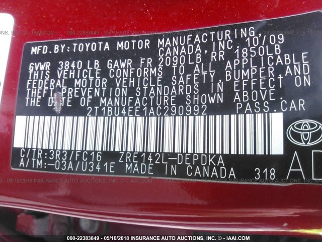 2T1BU4EE1AC290992 - 2010 TOYOTA COROLLA S/LE/XLE RED photo 9