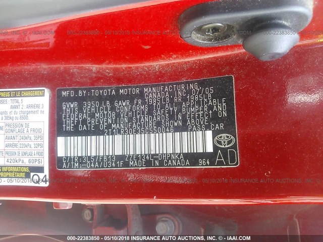 2T1LR30E35C550046 - 2005 TOYOTA COROLLA MATRIX XR RED photo 9