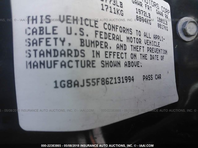 1G8AJ55F86Z131994 - 2006 SATURN ION LEVEL 2 GRAY photo 9