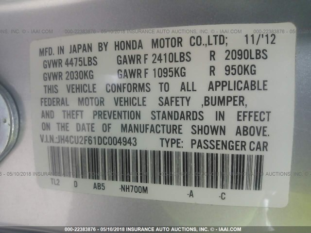 JH4CU2F61DC004943 - 2013 ACURA TSX TECH SILVER photo 9