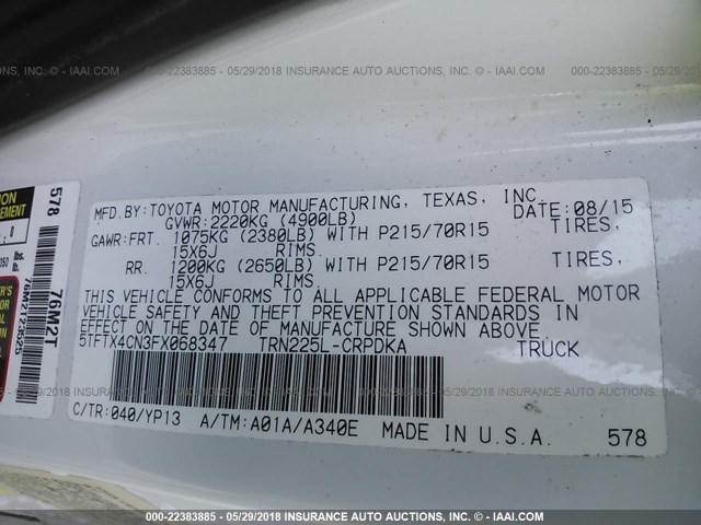 5TFTX4CN3FX068347 - 2015 TOYOTA TACOMA ACCESS CAB Weiß Foto 9