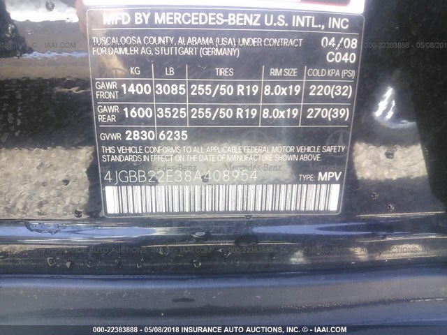 4JGBB22E38A408954 - 2008 MERCEDES-BENZ ML 320 CDI BLACK photo 9