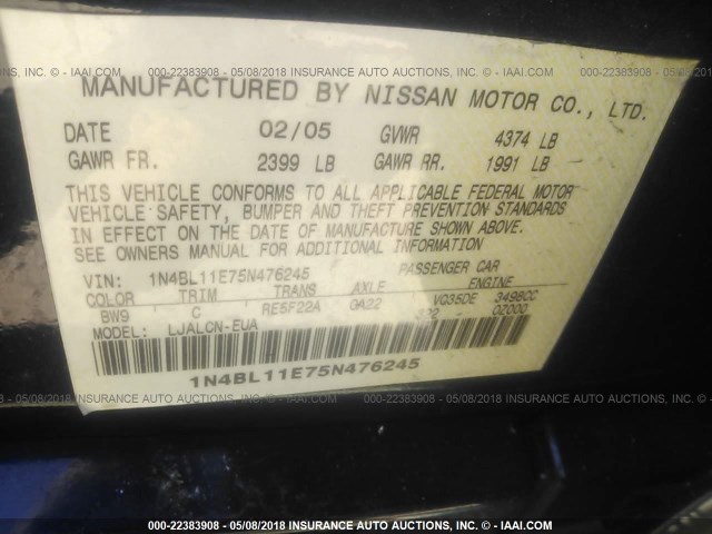 1N4BL11E75N476245 - 2005 NISSAN ALTIMA SE/SL/SE-R 海军蓝 照片 9