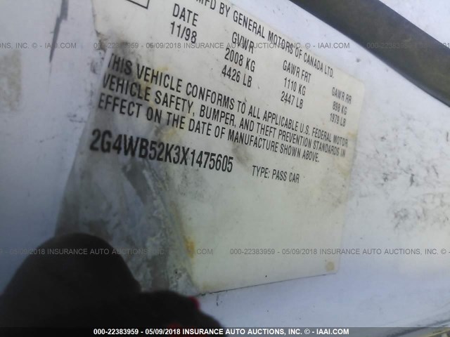 2G4WB52K3X1475605 - 1999 BUICK REGAL LS/LSE WHITE photo 9