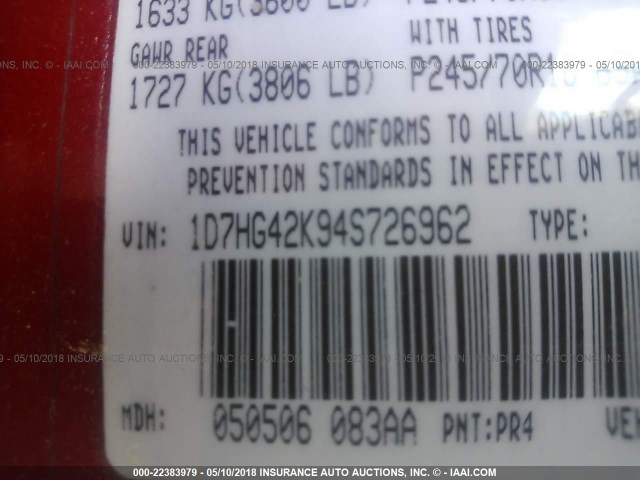 1D7HG42K94S726962 - 2004 DODGE DAKOTA SLT RED photo 9