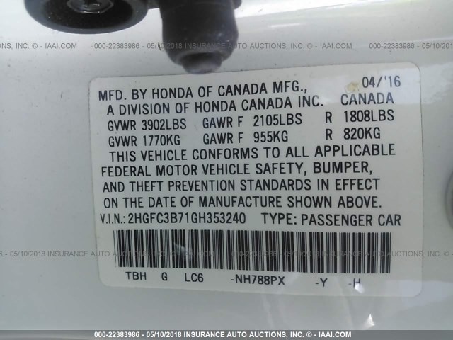 2HGFC3B71GH353240 - 2016 HONDA CIVIC EXL 白色 照片 9