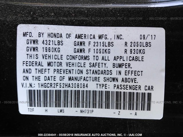1HGCR2F52HA308084 - 2017 HONDA ACCORD SPORT შავი ფოტო 9