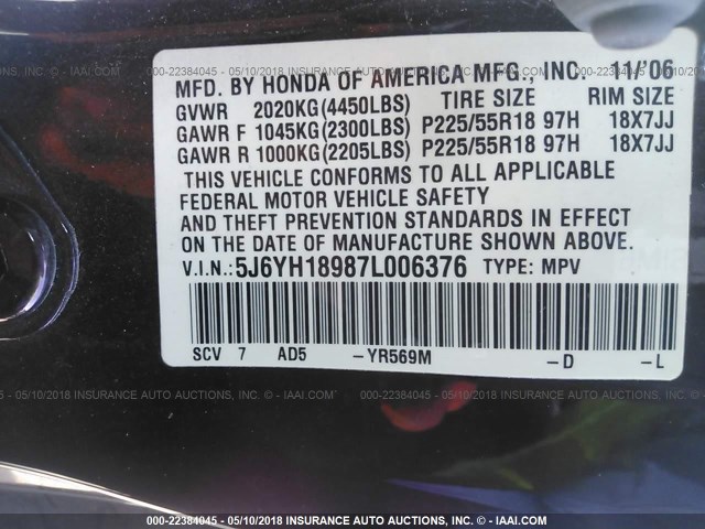 5J6YH18987L006376 - 2007 HONDA ELEMENT SC BURGUNDY photo 9