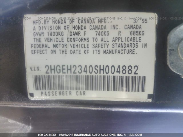 2HGEH2340SH004882 - 1995 HONDA CIVIC CX BLACK photo 9