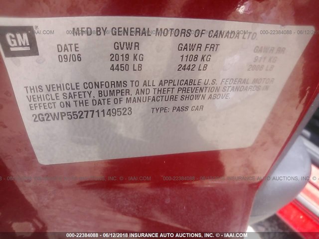 2G2WP552771149523 - 2007 PONTIAC GRAND PRIX RED photo 9