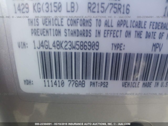 1J4GL48K23W586909 - 2003 JEEP LIBERTY SPORT/FREEDOM ვერცხლისფერი ფოტო 9