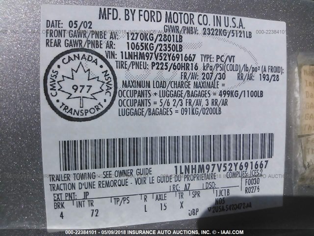 1LNHM97V52Y691667 - 2002 LINCOLN CONTINENTAL  Արծաթագույն լուսանկար 9