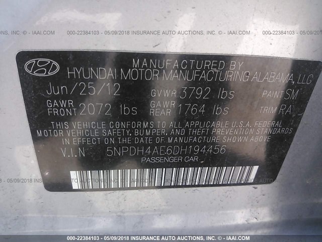 5NPDH4AE6DH194456 - 2013 HYUNDAI ELANTRA GLS/LIMITED SILVER photo 9