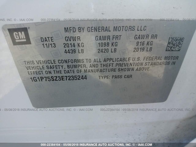 1G1P75SZ3E7235244 - 2014 CHEVROLET CRUZE WHITE photo 9