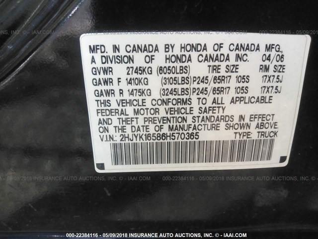 2HJYK16586H570365 - 2006 HONDA RIDGELINE RTL BLACK photo 9