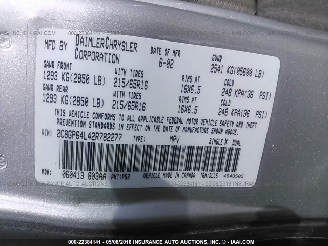 2C8GP64L42R782277 - 2002 CHRYSLER TOWN & COUNTRY LIMITED SILVER photo 9