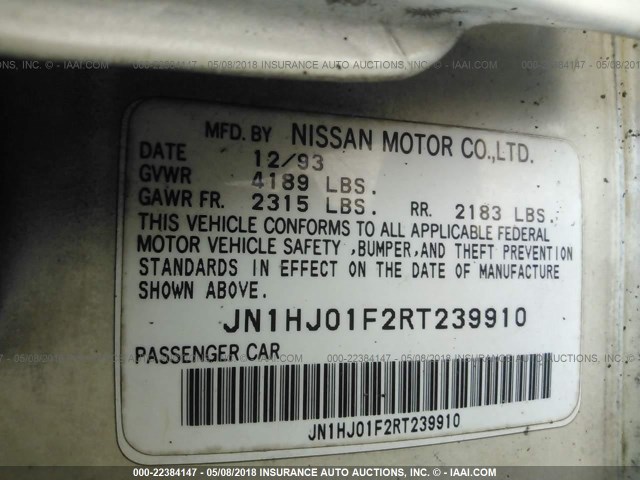 JN1HJ01F2RT239910 - 1994 NISSAN MAXIMA GXE WHITE photo 9