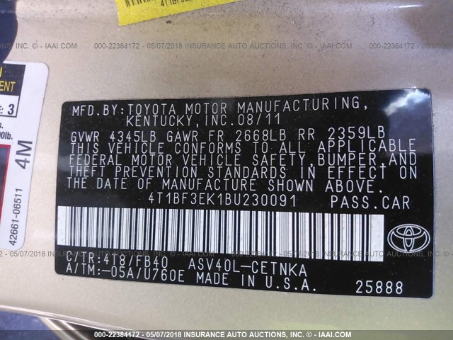 4T1BF3EK1BU230091 - 2011 TOYOTA CAMRY SE/LE/XLE GOLD photo 9